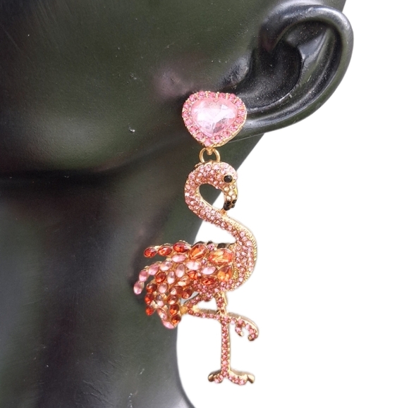PINK FLAMINGO CRYSTAL DROP STATEMENT EARRINGS - Picture 2 of 6